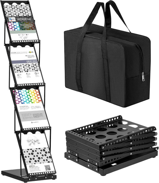Tatuo 1 Piece Foldable Magazine Rack Metal Catalog Literature Rack Portable 4 Pockets with Carrying Bag Brochure Stand Literature Display Holder Stand for Exhibition Trade Show