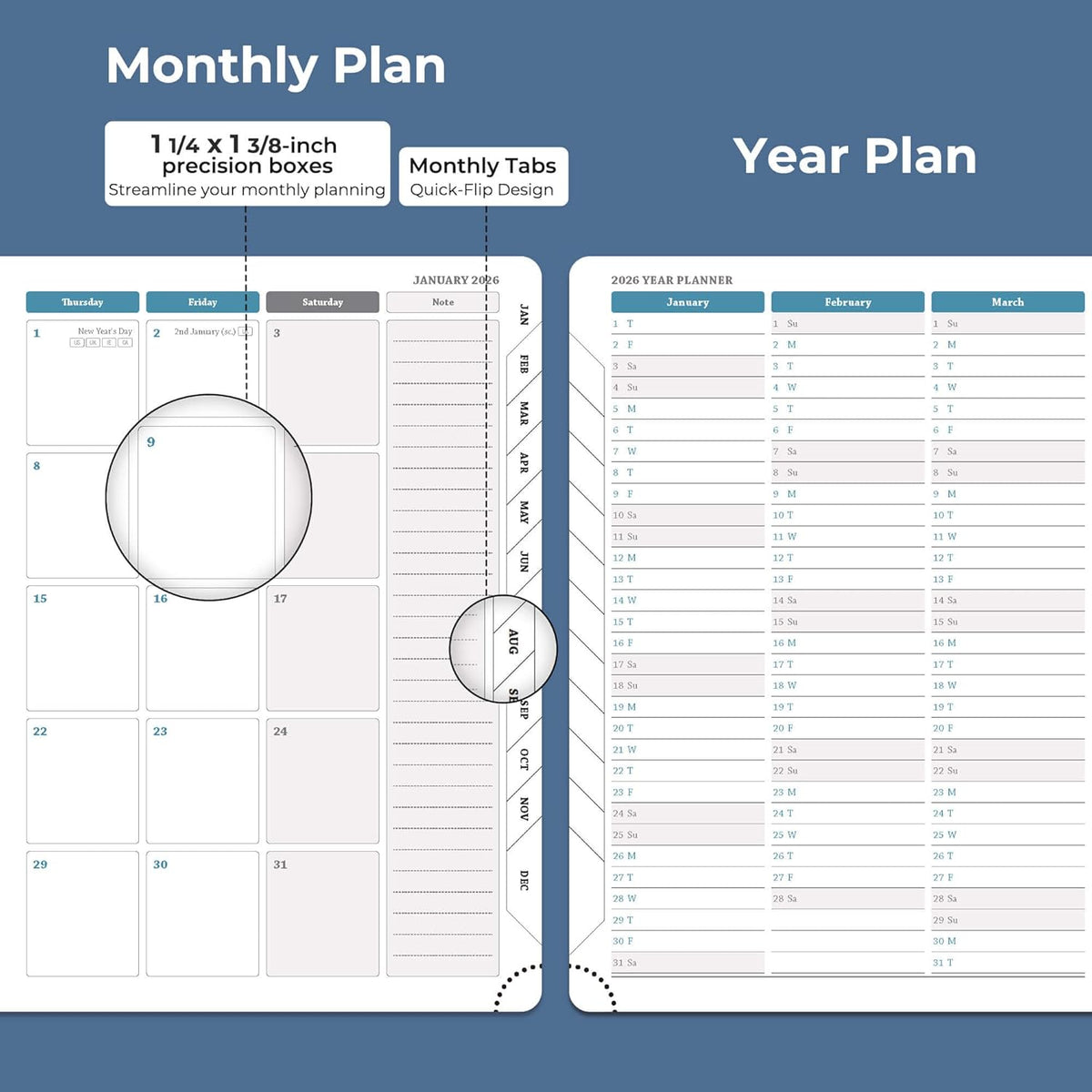 Planner 2026 Daily Weekly and Monthly,8.5"x6.5",12 Months Spiral Bound Calendar Agenda with Self-adhesive Pen Holder,2026 Appointment Book with Vegan Leather Soft Cover,Blue