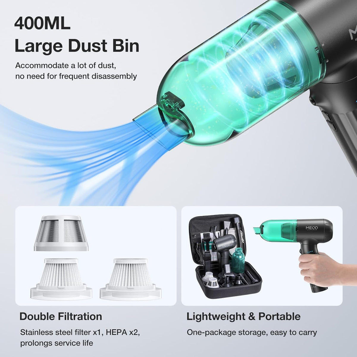MECO ELEVERDE Compressed Air Duster Electric, 130000RPM 4in1 Air Duster Vacuum/Mini Vacuum/Air Blower & Pump, 3 Gear Brushless Motor with LED Light for PC, Keyboard, Car, Carpet (Green)