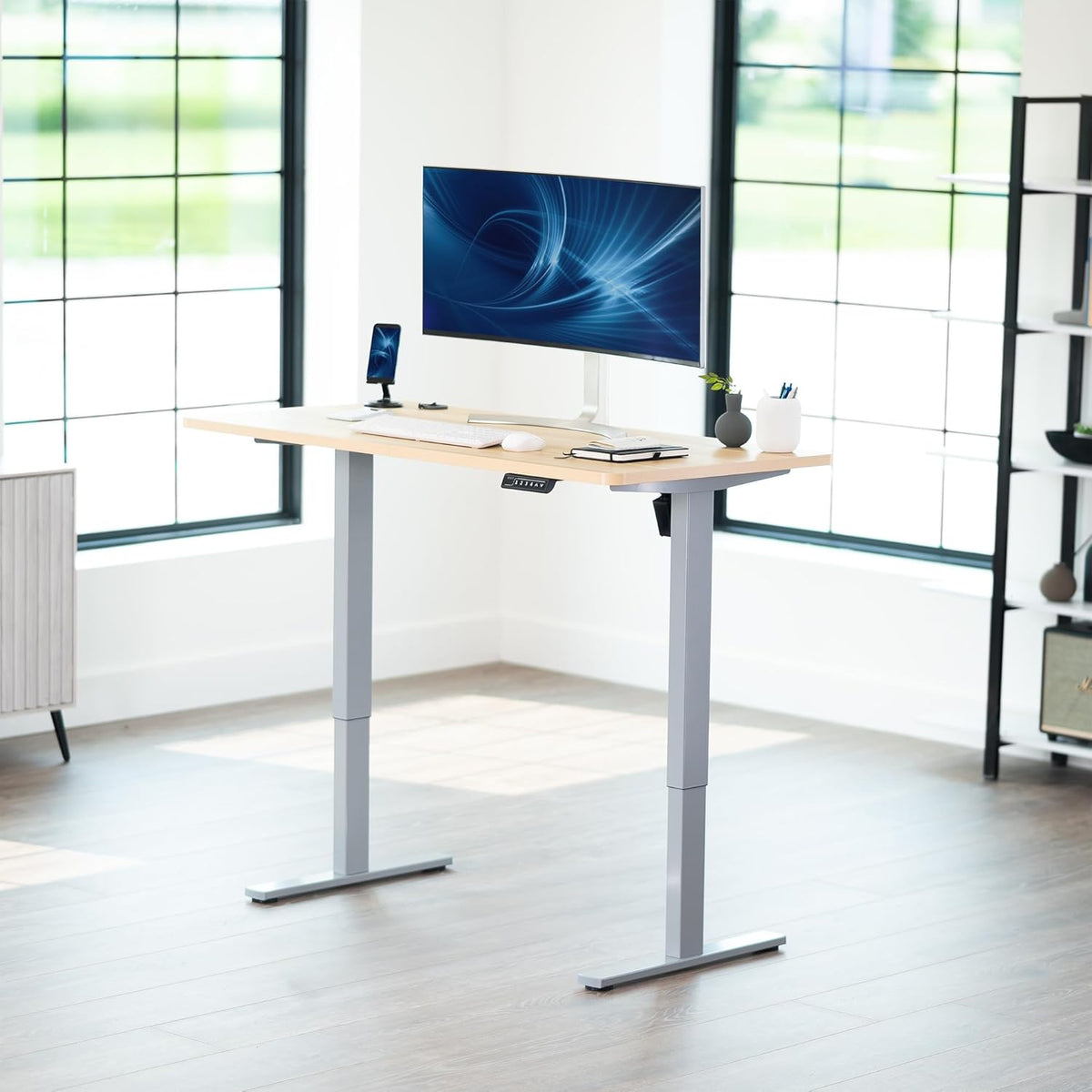 VIVO Electric 55 x 28 in Standing Desk, Memory Height Adjustment, 1B Series, One-Piece Light Wood Top, Gray Frame, DESK-KIT-1G55C