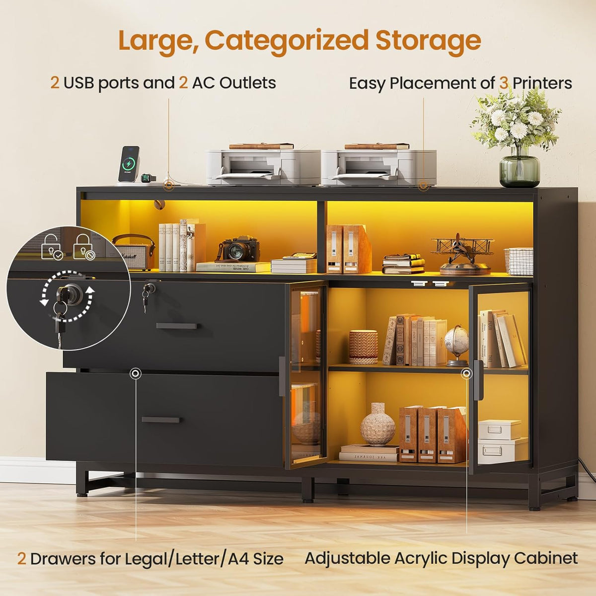 SEDETA 59" File Cabinet, 2 Drawers Filing Cabinets for Home Office fit Legal/Letter/A4 File, File Cabinet with Lock & Power Outlets, Printer Stand with Storage & LED Lights, Black
