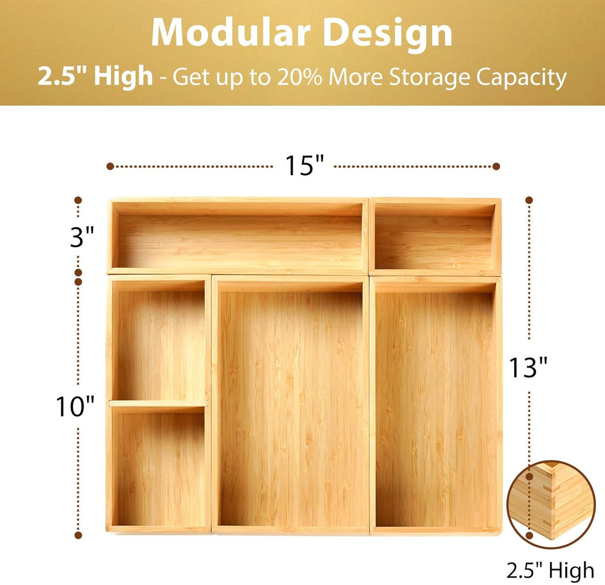 Umilife Drawer Organizer Storage Boxes, 2.5" High Bamboo Drawer Dividers, 5 Rearrangeable Bins for Kitchen, Office Desktop, Clothing, Makeup, vanity, Jewelry