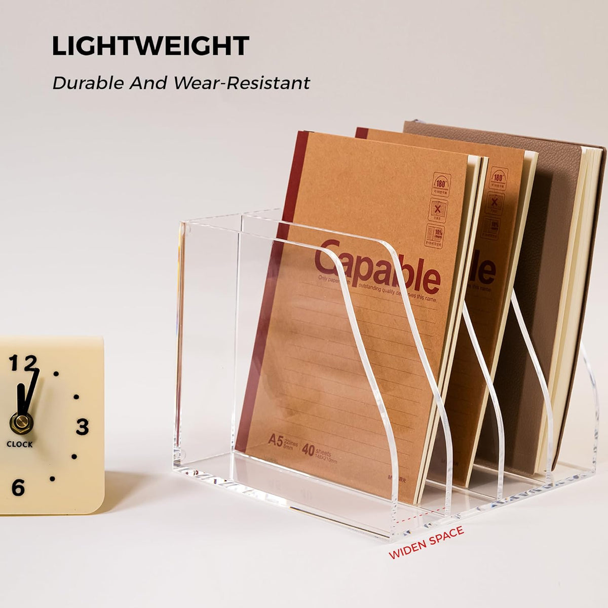 Acrylic Magazine File Holder, 4 Vertical Compartments Desk Document Sorter Organizer, Clear Folder Rack Binder for Office/Home/Classroom, for Documents, Tablet, Magazines, Books & Accessories