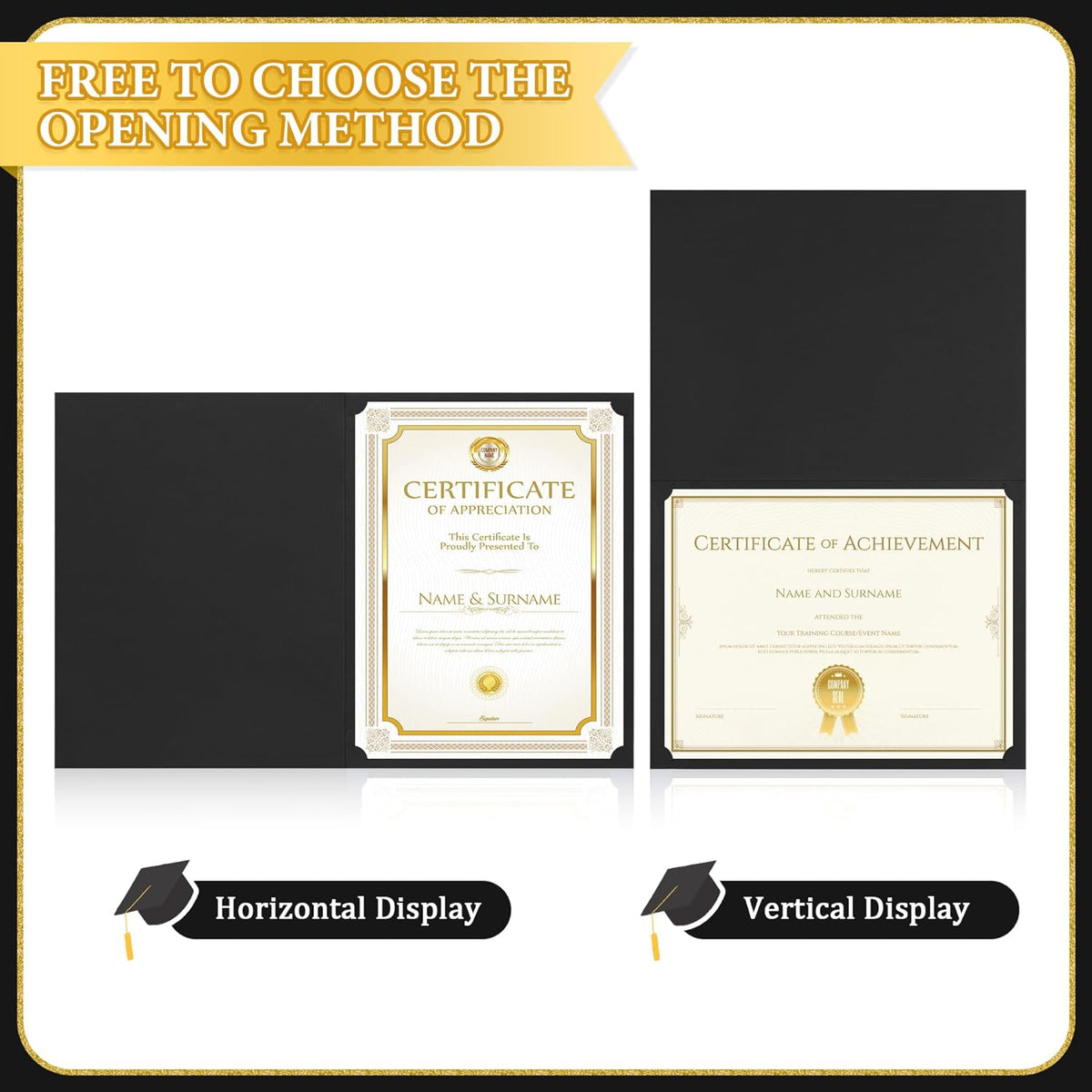 Ndsox 120 Packs Black Certificate Holders, Graduation Diploma Holders, 350GSM, Diploma Covers with Gold Foil Border for Letter Size 8.5" x 11" Award Certificate Paper, Cardstocks and Documents