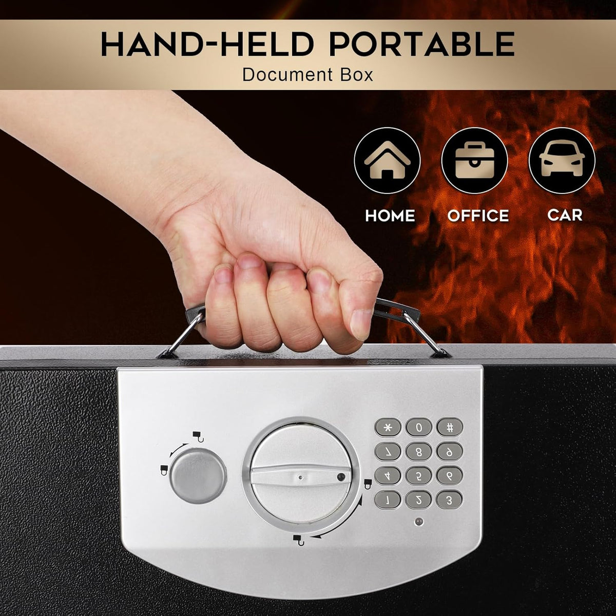 Dalmbox Portable Metal Safe Box with Digital Code Lock,Fire Resistant Storage for Documents, Fireproof Safe Box, Car, Home, Office and Outside, Black Box,Large