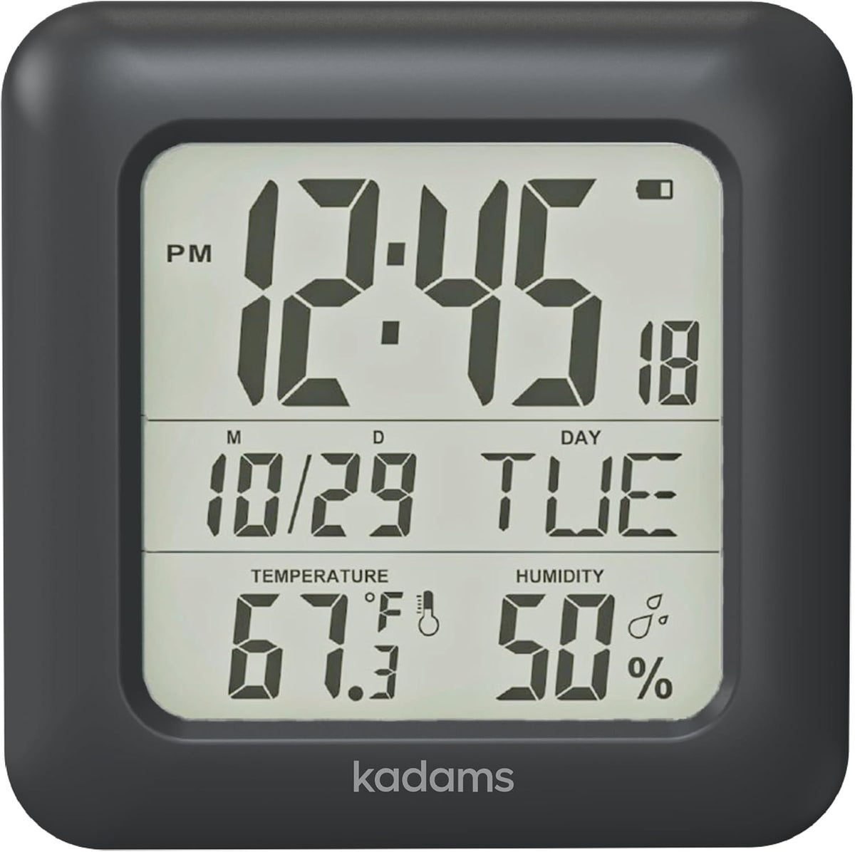 KADAMS Bathroom Clock 9.5" Kitchen Wall Clock with Large LCD Screen – Shower Clock with Suction Cup,Temperature, Humidity, Calendar – Water-Resistant, 4 Mounting Options, Black
