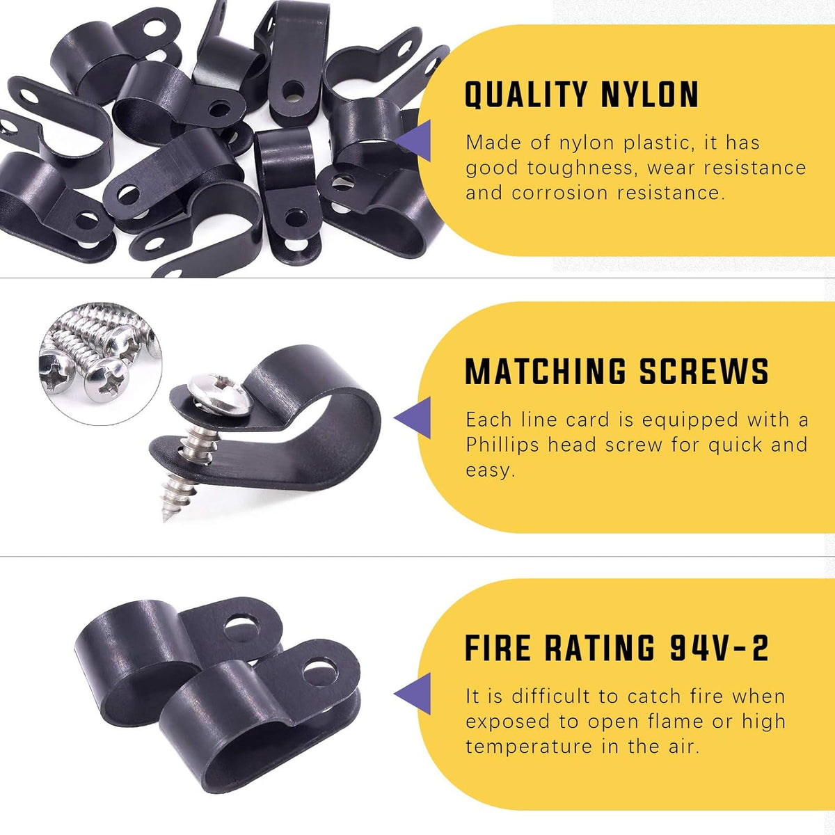 Swpeet 60 Pack Black 1/2 Inch Nylon Plastic R-Type Cable Clips Clamp Kit, Nylon Screw Mounting Cord Fastener Clips with 60 Pack Screws for Wire Management