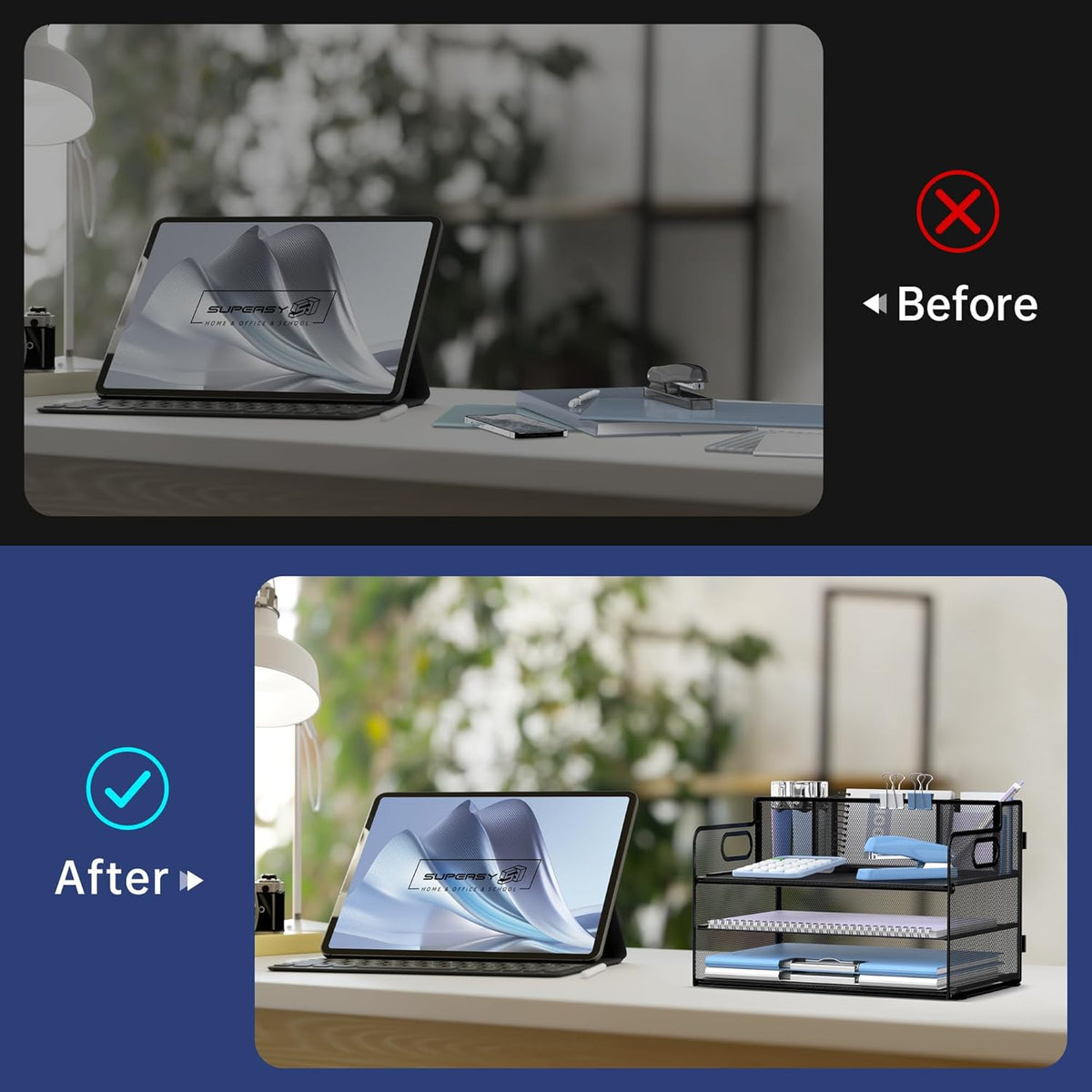 SUPEASY 3 Tier Desk Organizer with Handle & 3 Pen Holders, Mesh Paper/File Organizer for Desk, Paper Letter Tray Organizer for Office Supplies (Black)