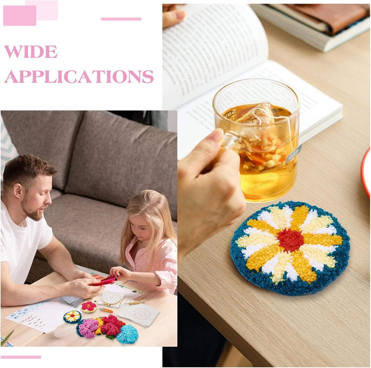GLASSWINDS 8 Pcs Punch Needle Kit for Adults Beginners Flower Punch Needle Coaster Kit Rug Tufting DIY Embroidery Kits Art Craft Supplie with Stamped Fabric, Hoops, Yarns and Sewing Needles