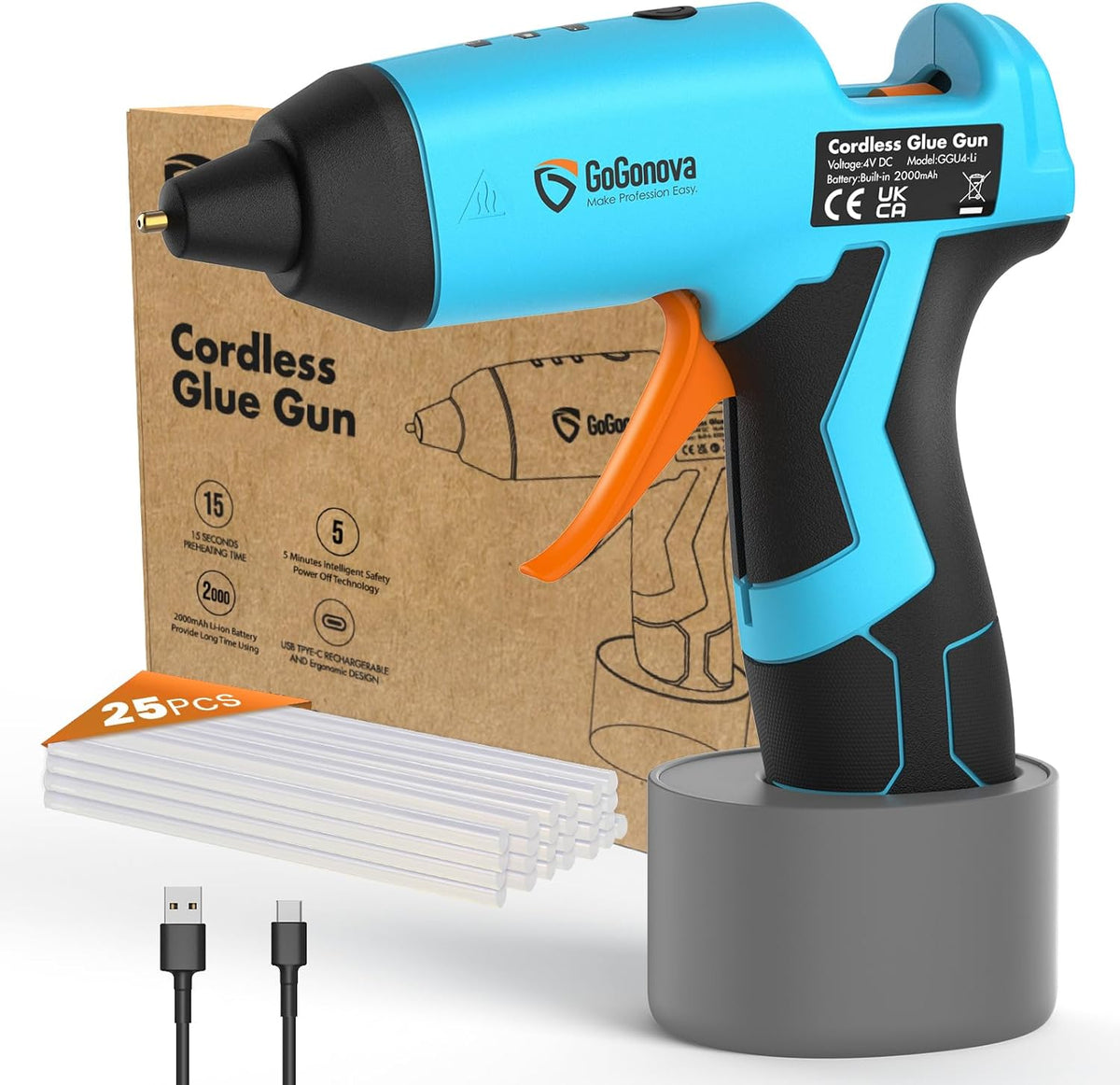 GoGonova Cordless Hot Glue Gun, 15s Fast Preheating with 2Ah Built-in Battery Hot Melt Glue Gun, Smart Power-Off, Kit with 25 Pcs Premium Mini Glue Sticks and USB-C Charging Port