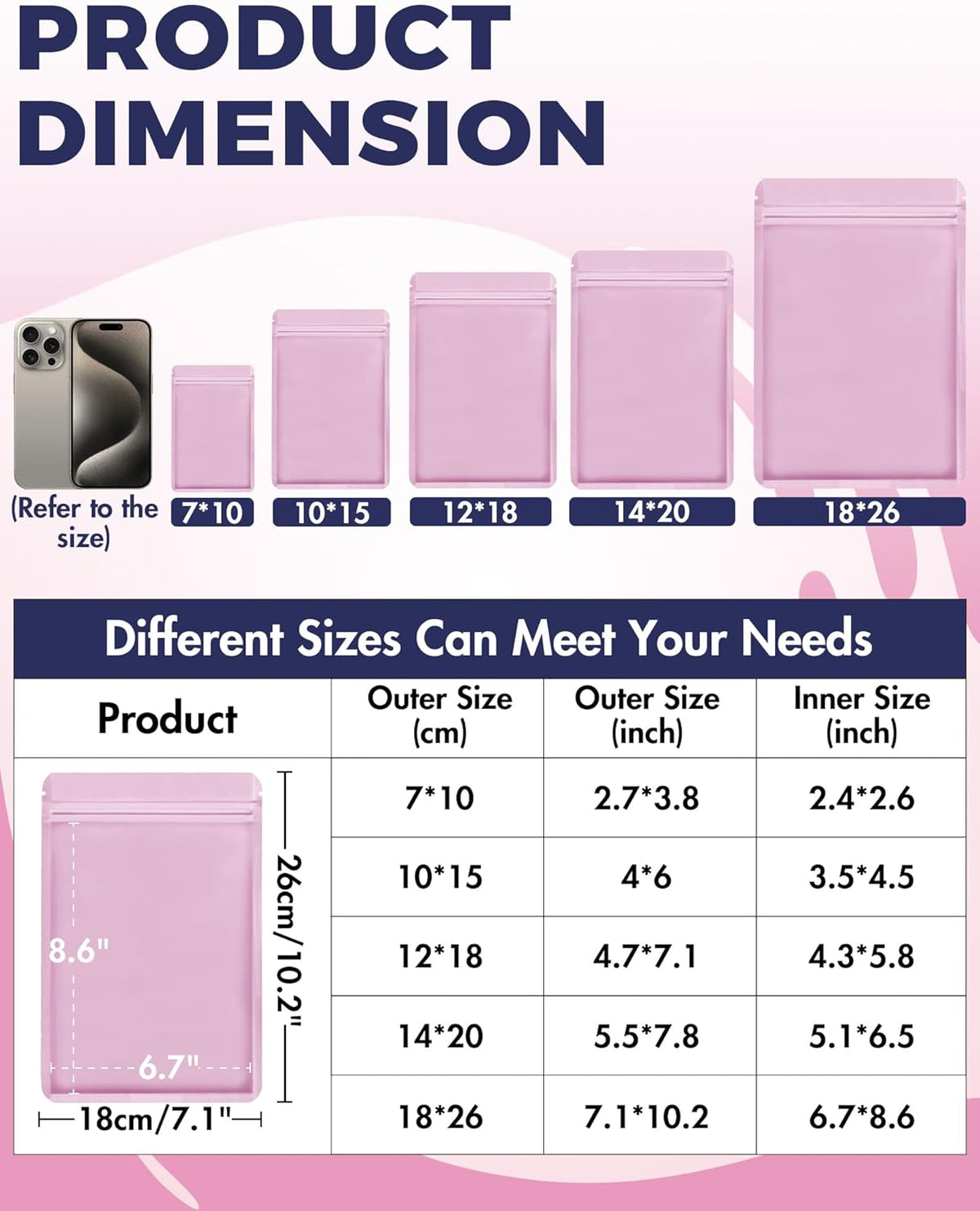 FireKylin 100 Pack Resealable Packaging Bags for Small Business Double-Sided Color Smell Proof Bags for Food Storage Flat Bags (Pink, 7.1" x 10.2")