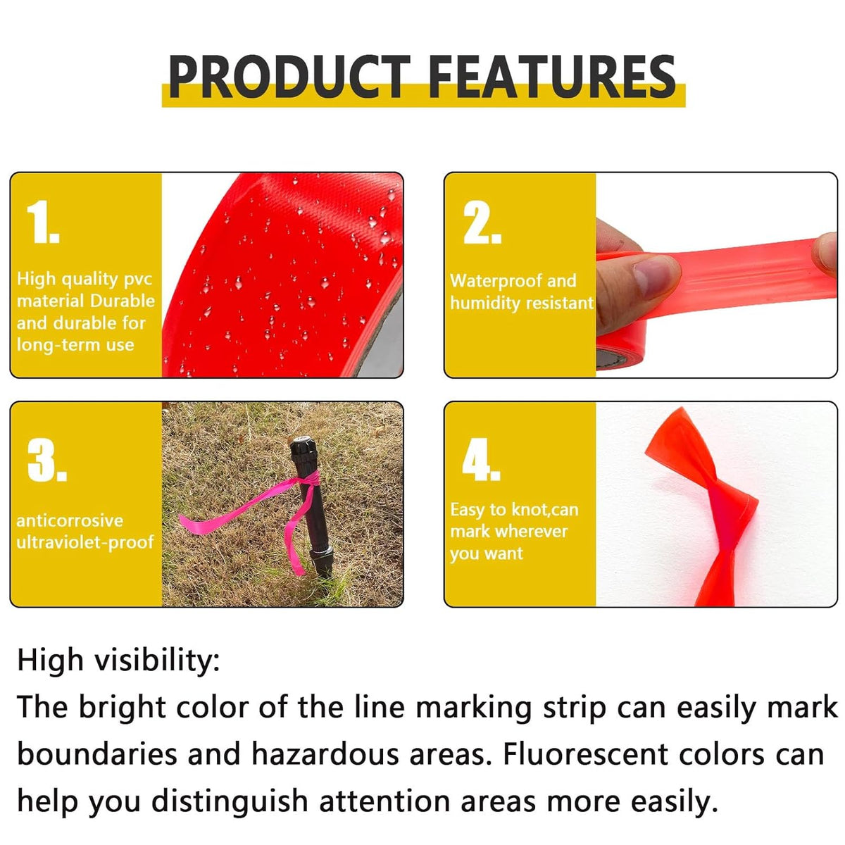 6 Pack Earth-Yellow Flagging Tape, Non-Adhesive Plastic Ribbon Neon Marking Roll, 1"*600ft, Marking Tape for Tree Marking, Hunting, Boundaries and Hazardous Areas,Trail Marking