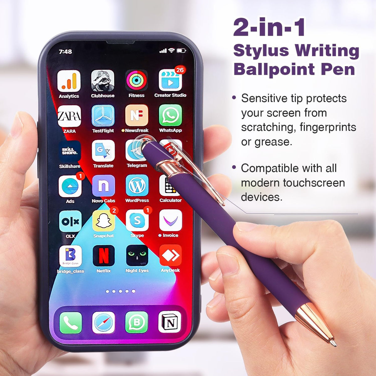 6 Pack Ballpoint Pen 2-in-1 Stylus Retractable Ballpoint Pen with Stylus tip, Metal Stylus Pen for Touch Screens, 1.0 mm Black Ink, 6