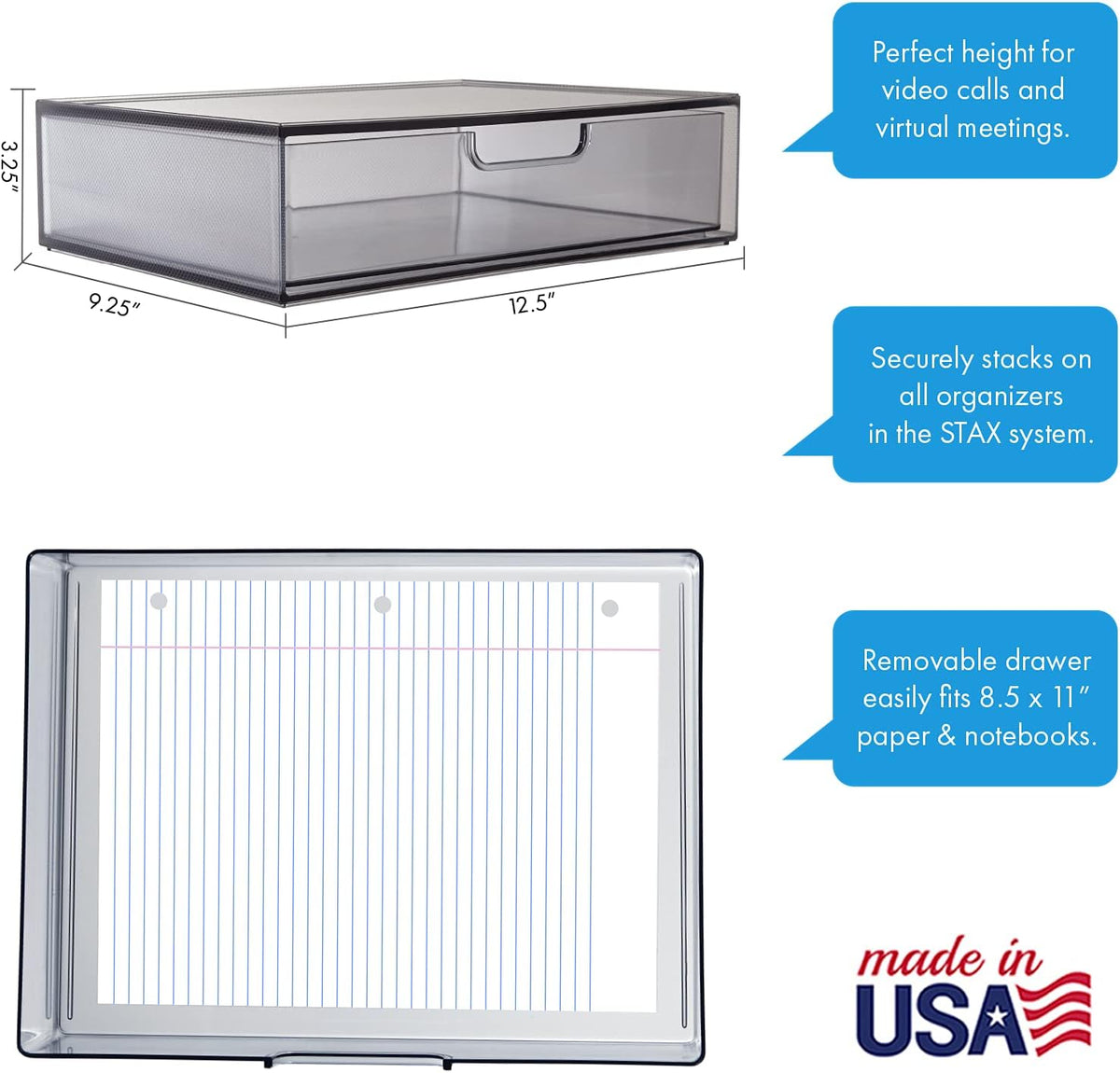 STORi STAX Plastic Stackable Organizer Drawers (Set of 2) Classic Grey | 12.5" Wide | Set Includes Two Open Drawer | Organize Office Desk Accessories & Sort Paper | Made in USA