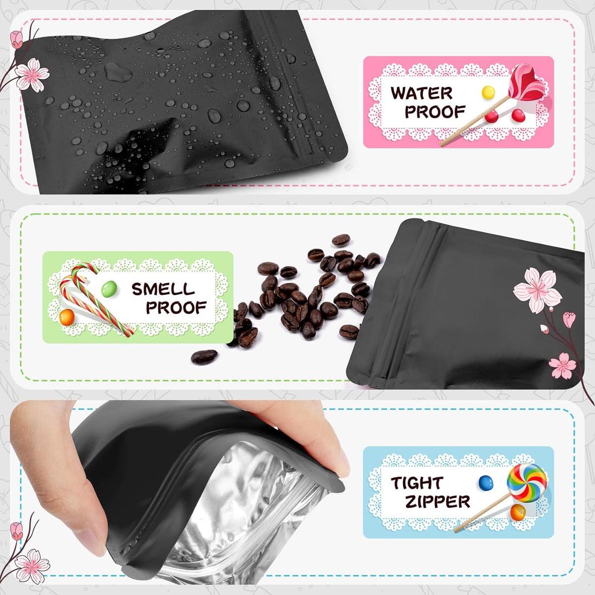 Funfery 100 Pack Black Mylar Packaging Bags Resealable Bags Double Sided Color Odor Proof Pouch Baggies Smell Proof Foil Bag for Food Storage,Small Business(Black,6.3x9.4inch)
