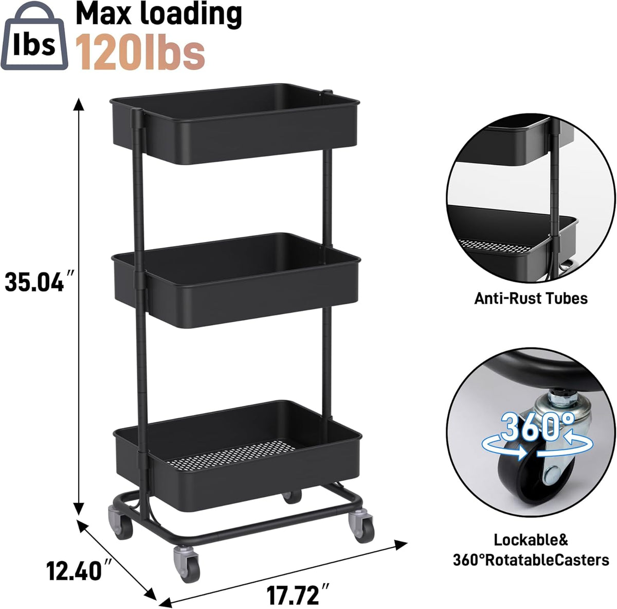 TECBOT 3 Tier Metal Rolling Cart with Wheels, Utility Storage Cart with Handle and Lockable Casters, Storage Basket Organizer Shelves, Easy Assemble for Kitchen, Living Room, Office, Nursery, Black