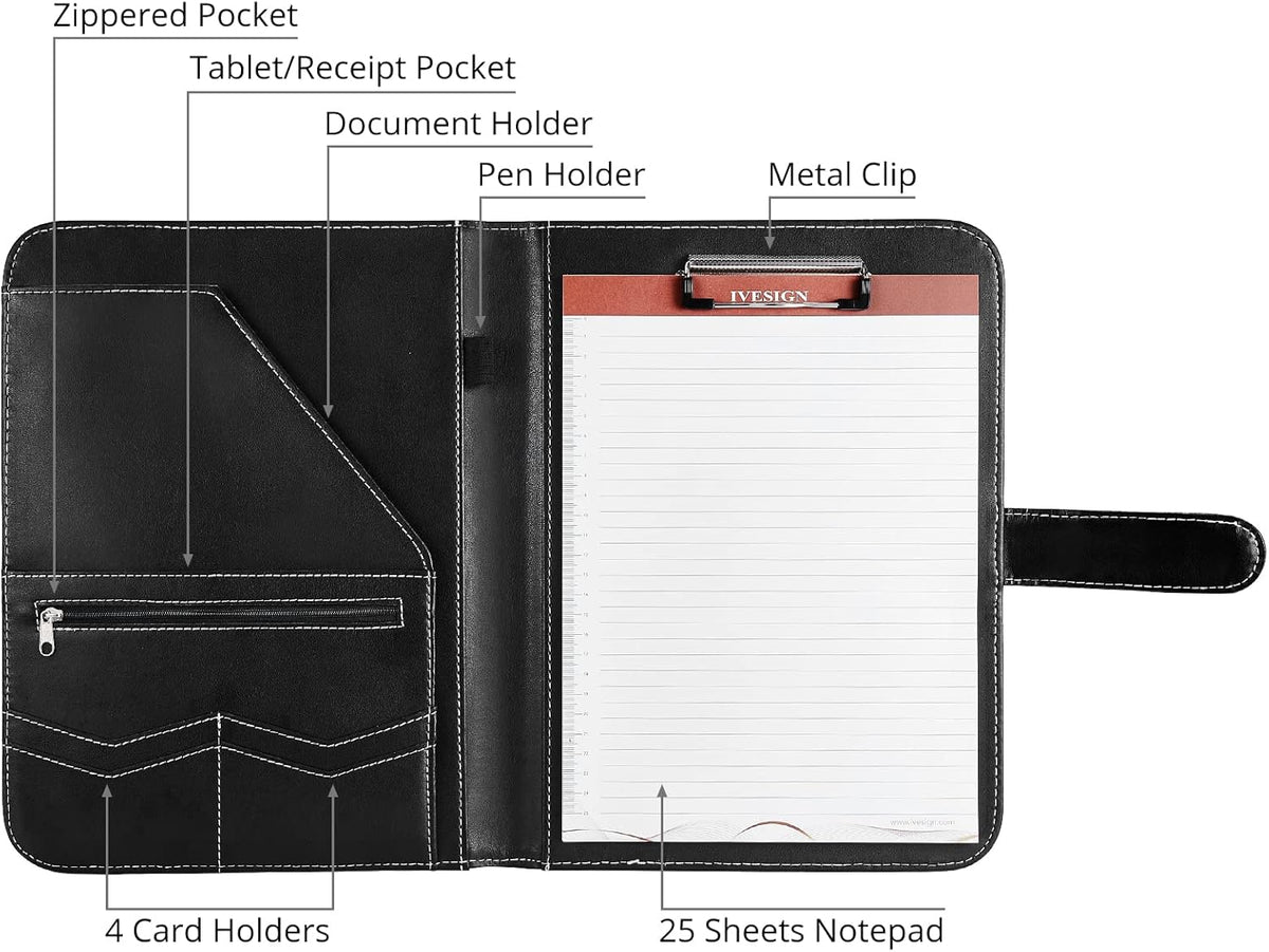 IVESIGN Leather Portfolio Notebook with Folder，Storage Clipboard with Cover for Legal Pad Holder Letter Size A4 Writing Pad for Business School Office Resume Conference Notepad Clip Boards(Black)