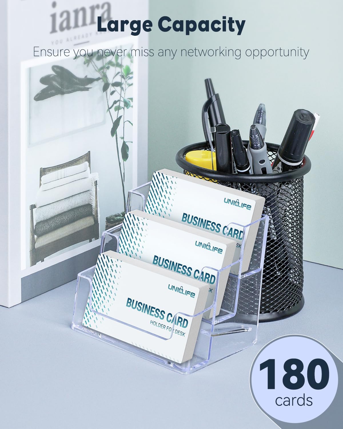 Uniclife 2 Pack Acrylic Business Card Holder for Desk 3 Slots Clear Business Card Display Stand for Men & Women Desktop Business Card Organizer Card Stand for Office Home Exhibition, 180 Card Capacity