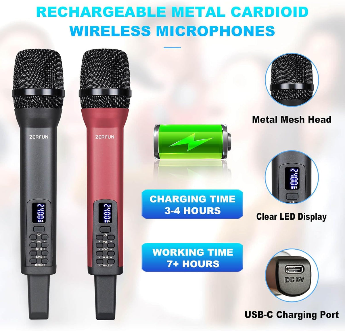 Dual Rechargeable Wireless Microphones, Pro Handheld Cordless Mics System with Echo Treble BASS VOL Control for Karaoke Singing Church Party, 1/4'' Output, Grey&Red