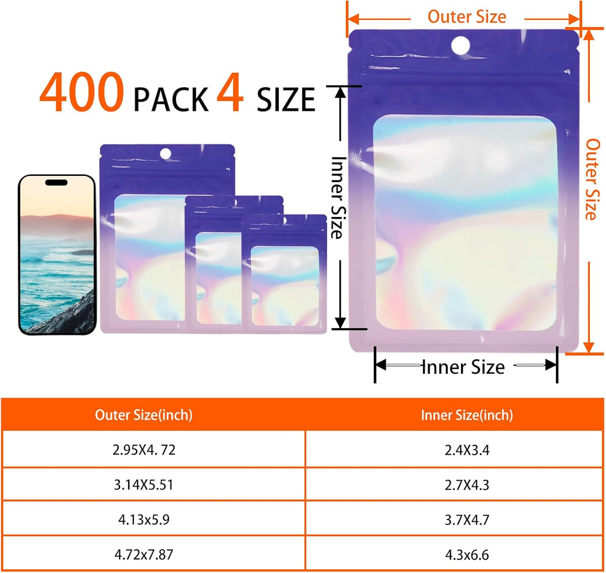 400 Pack 4 Sizes Resealable Mylar Holographic Bags Food Storage Smell Proof Bags with Front Window Foil Packaging Pouch for Sample Jewelry Small Business (Pink to Blue,3x4.7,3.1x5.5,4x 6,4.7x 7.9in)