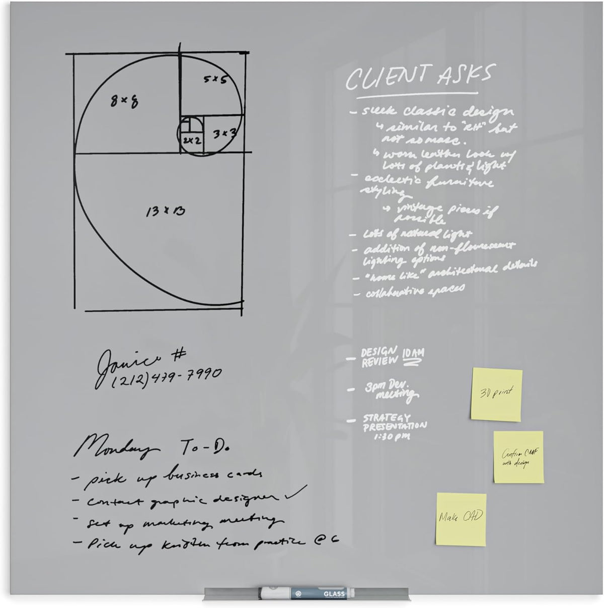 U Brands Glass Dry Erase Board, 36" x 36", 3'x3', Gray Surface, Frameless, Includes Marker