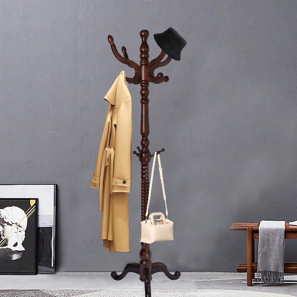 Coat Racks FreeStanding with 11 Hooks, Natural Wood Coat Rack with Tri-Legged Base, Adjustable Height Coat Racks, Easy Assembly for Hallway, Bedroom and Office (Walnut-Tri-Legged Base)
