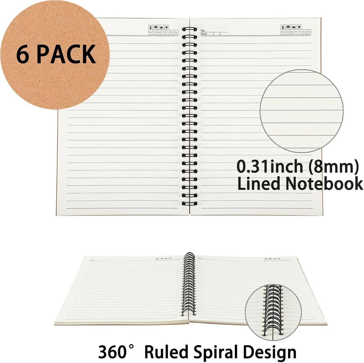 6 Pcs A5 Spiral Notebooks Journal with Kraft Cover, 5x8 Inches, Ruled Lined Paper, for Work, Sketches, Study, Notes Taking, Gifts, Brown (6 PCS(Lined))