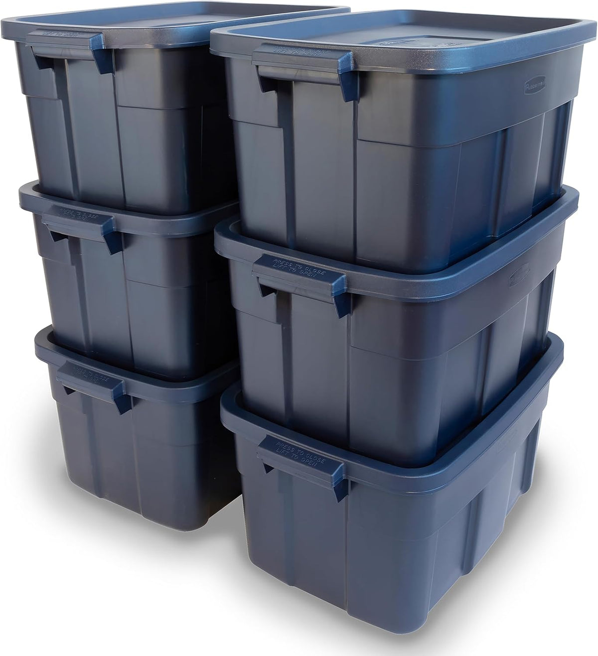 Rubbermaid Roughneck Tote 14 Gal, 6 Pack, Made in USA, Dark Indigo Metallic, Rugged Plastic Stackable Storage Bins with Lids and Handles