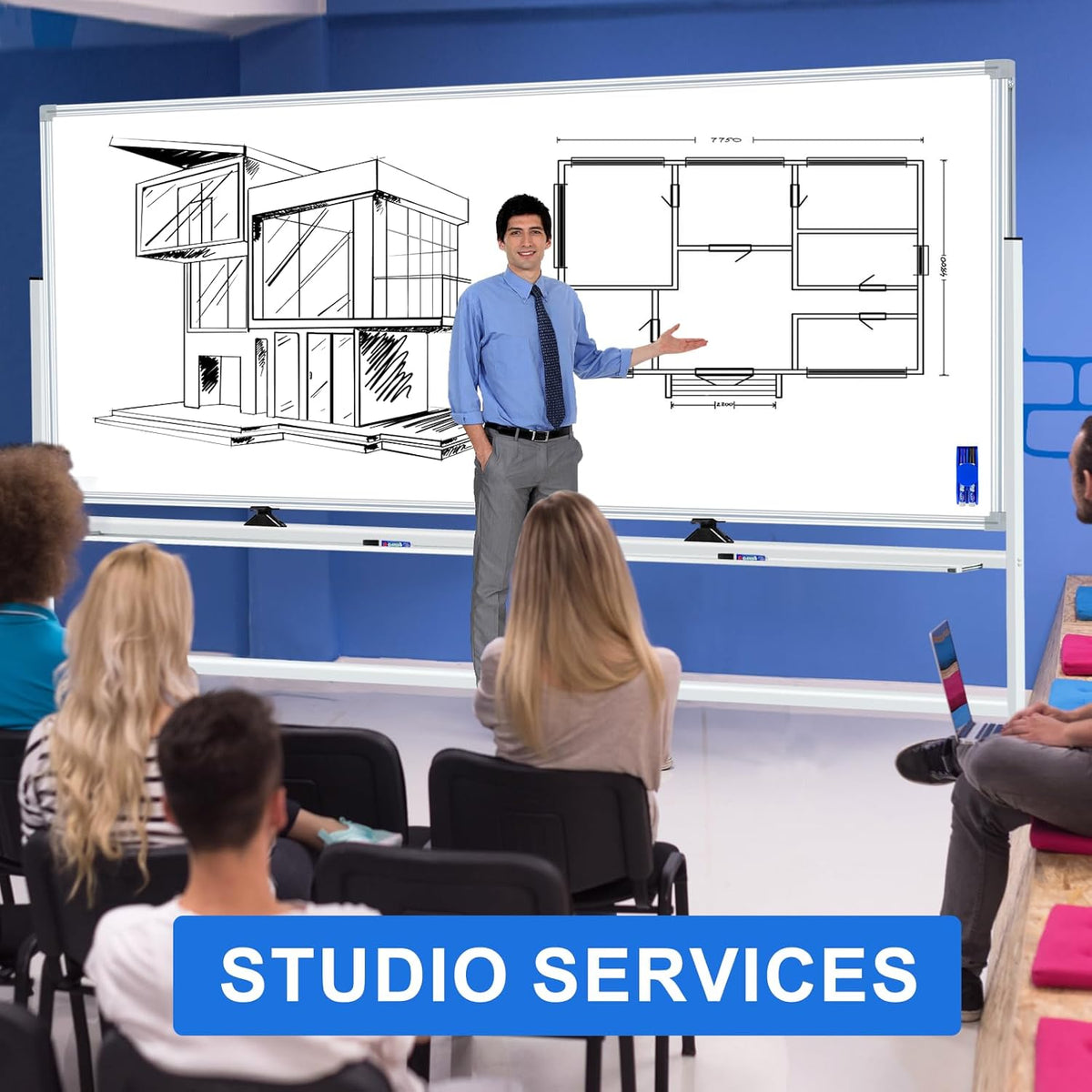 96"x48" Large Magnetic White Board Dry Erase Whiteboard with Rolling Stand 8’x4’ Double-Sided Mobile White Boards on Wheels, Including 3 Magnetic Erasers, 7 Markers, 30 Magnets