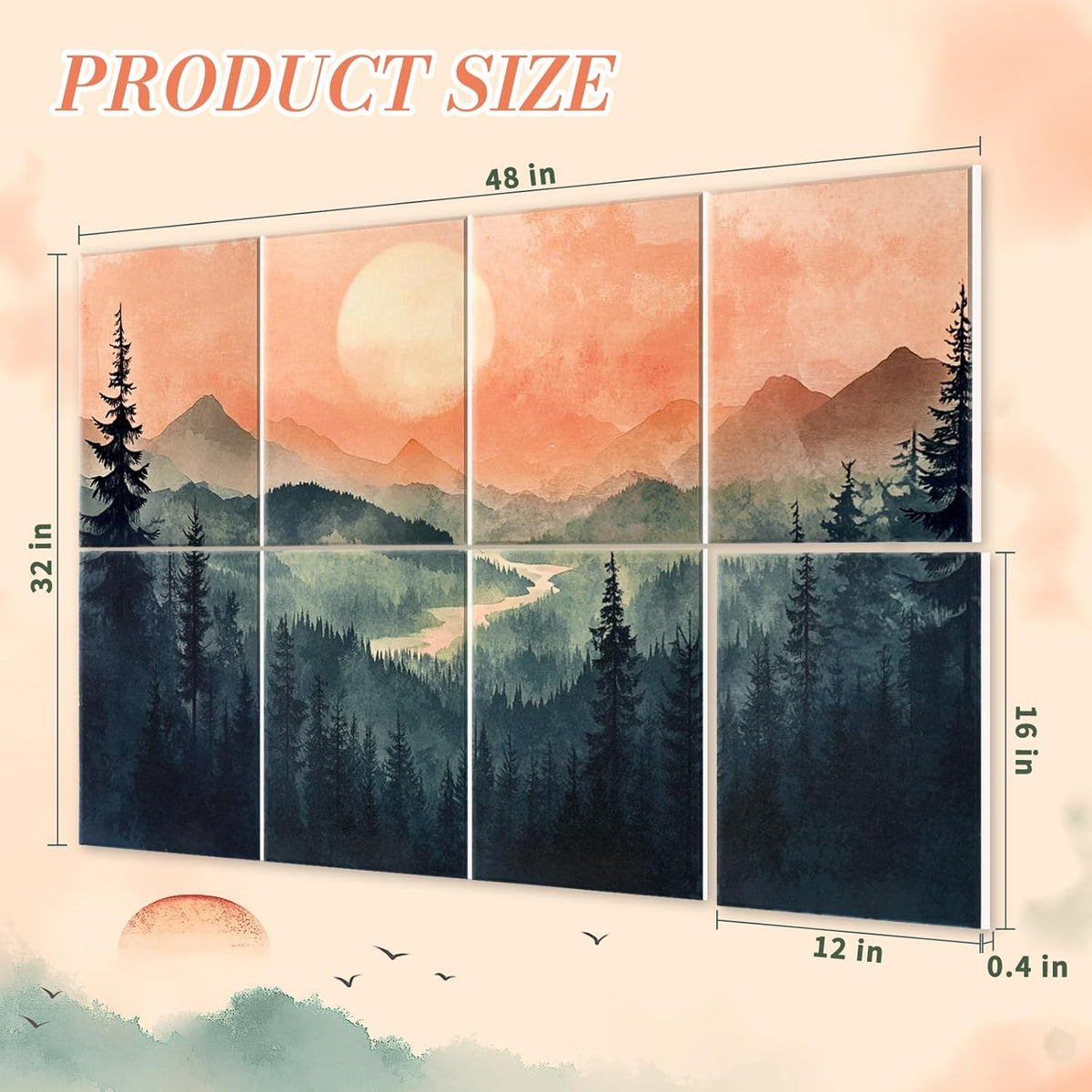 8 Pack 48"x32" Art Acoustic Panels, Self Adhesive Soundproof Wall Decorative Sound Absorbing Panels, High-Density Noise Dampening Canceling Reducing Blocker for Room Office(Setting Sun)