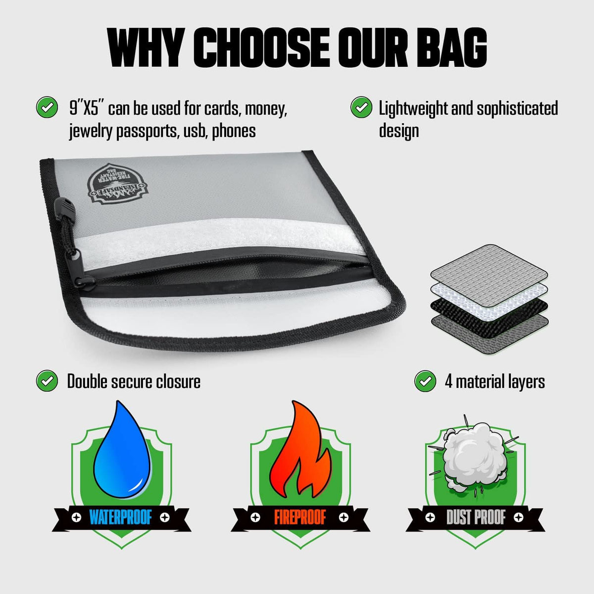 Fireproof Document Bag (5x8 inch), 3Pack Waterproof Money Bag Pocket with Zipper Closure, Storage Pouch for Valuables, A4 A5 Document File, Cash, Credit Card, Passport (3Pack, Grey)