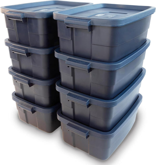 Rubbermaid Roughneck Tote 10 Gal, 8 Pack, Made in USA, Dark Indigo Metallic, Rugged Plastic Stackable Storage Bins with Lids and Handles
