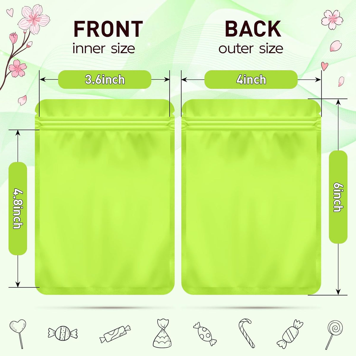 Funfery 100 Pack Green Mylar Packaging Bags Resealable Bags Double Sided Color Odor Proof Pouch Baggies Smell Proof Foil Bag for Food Storage,Small Business(Green,4x6inch)