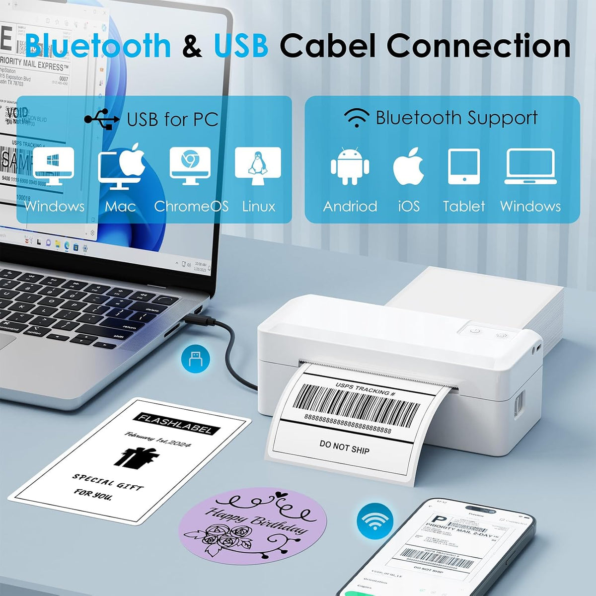 Shipping Thermal Label Printer, 4x6 Portable Label Printer, Bluetooth Label Maker for Small Business, Support iPhone,Android,Windows,Mac,Chromebook,Works with USPS, Ebay,Shopify&More, White