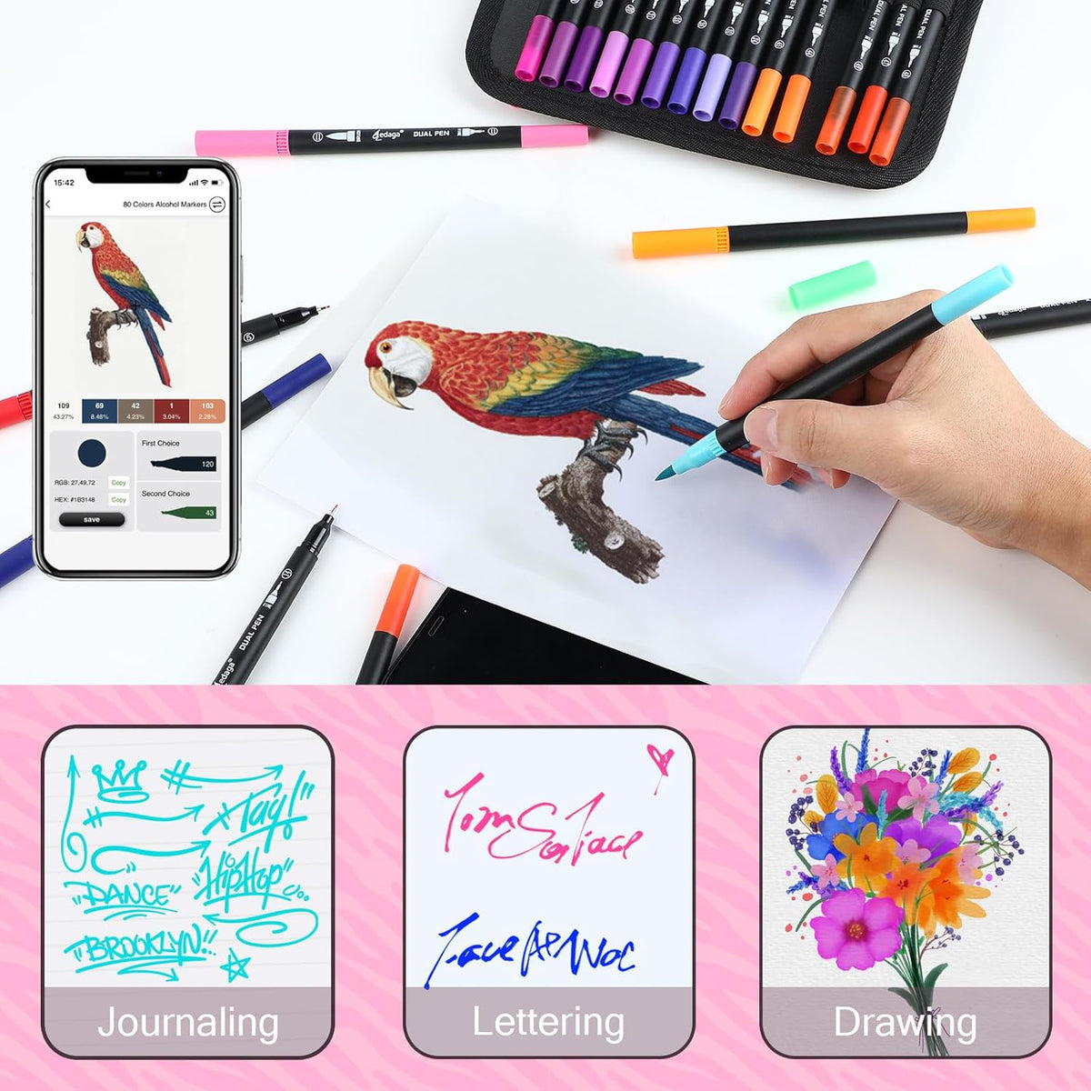 100 Colors Numbered Dual Tip Brush Pens with Free App, Fine and Brush Tips Pens for Adults and Kids, Coloring Markers for Coloring Book Bullet Journaling Note Taking Planner Hand Lettering