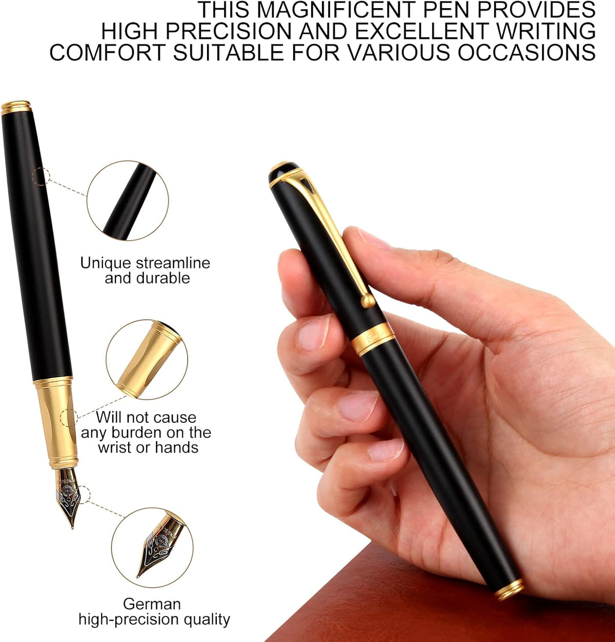 Fountain Pen-Smooth Writing Metal Water Pen with Gift Case Fine Nib Consistent Ink Flow Luxury Pen for Nice Pens Includes a Calligraphy Nib 8 Ink Cartridges and a Converter (Gold)