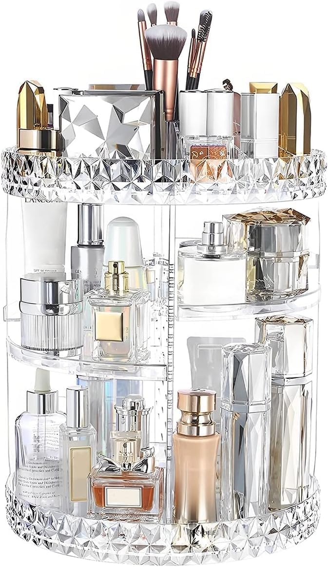 ZHIAI 360 Rotating Makeup Organizer, Large Capacity Cosmetics Organizer for Perfume Holder Organizer Countertop, DIY Adjustable Bathroom Makeup Carousel Holder Rack, Clear Diamond