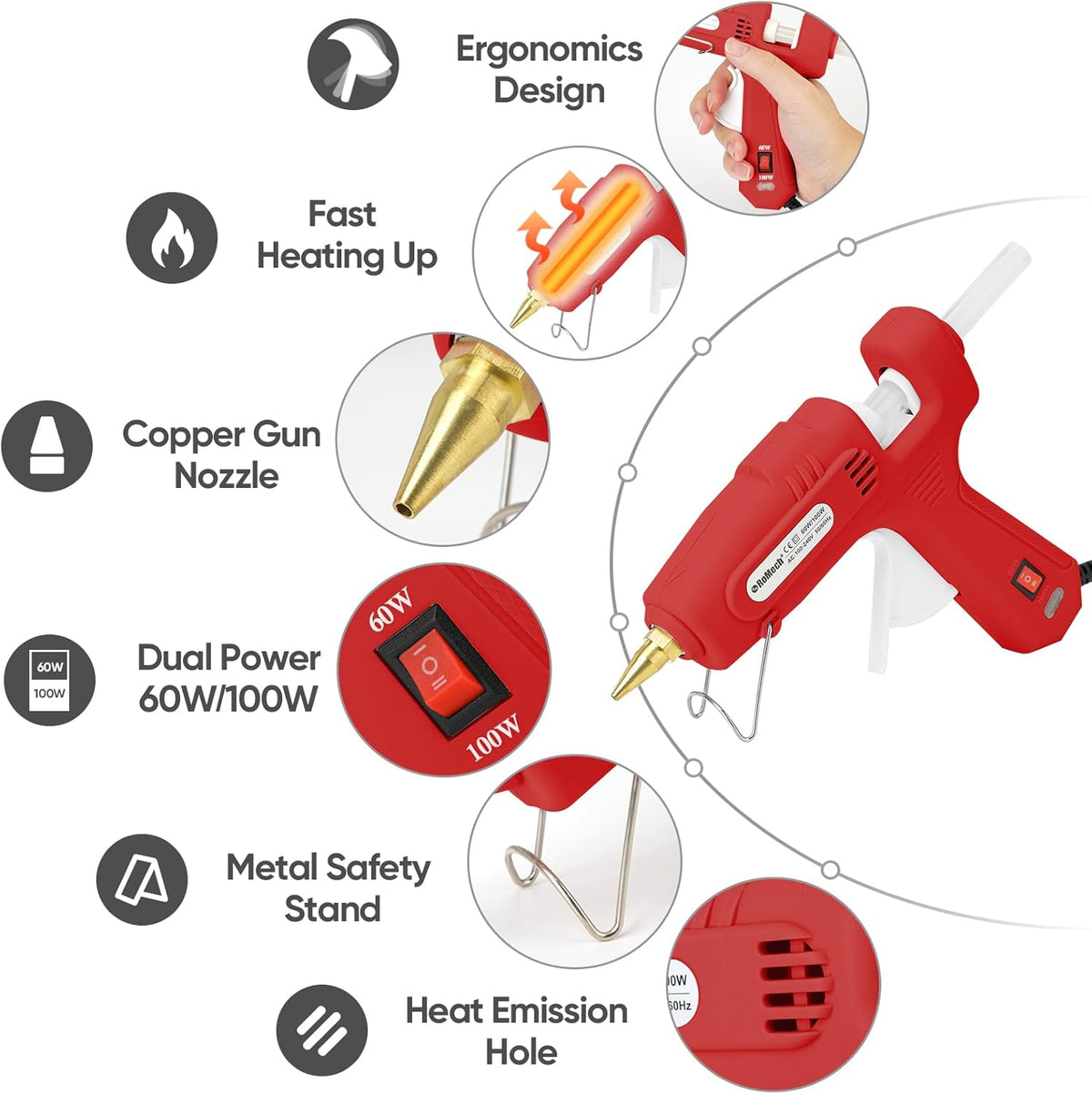 ROMECH Full Size Hot Glue Gun with 60/100W Dual Power and 21 Hot Glue Sticks (7/16"), Fast Preheating Heavy Duty Industrial Gluegun with Storage Case for Crafting, DIY and Repairs (Red)