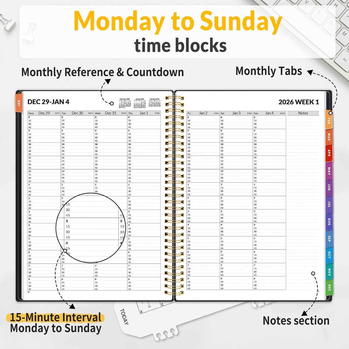 SUNEE 2026 Appointment Planner 15-Minute Time Block – Weekly & Monthly Spiral Organizer with Note Section – Thick Paper, Lay-Flat Bound – 8.5 x 11 for Office, School, Salon, Men & Women, Black