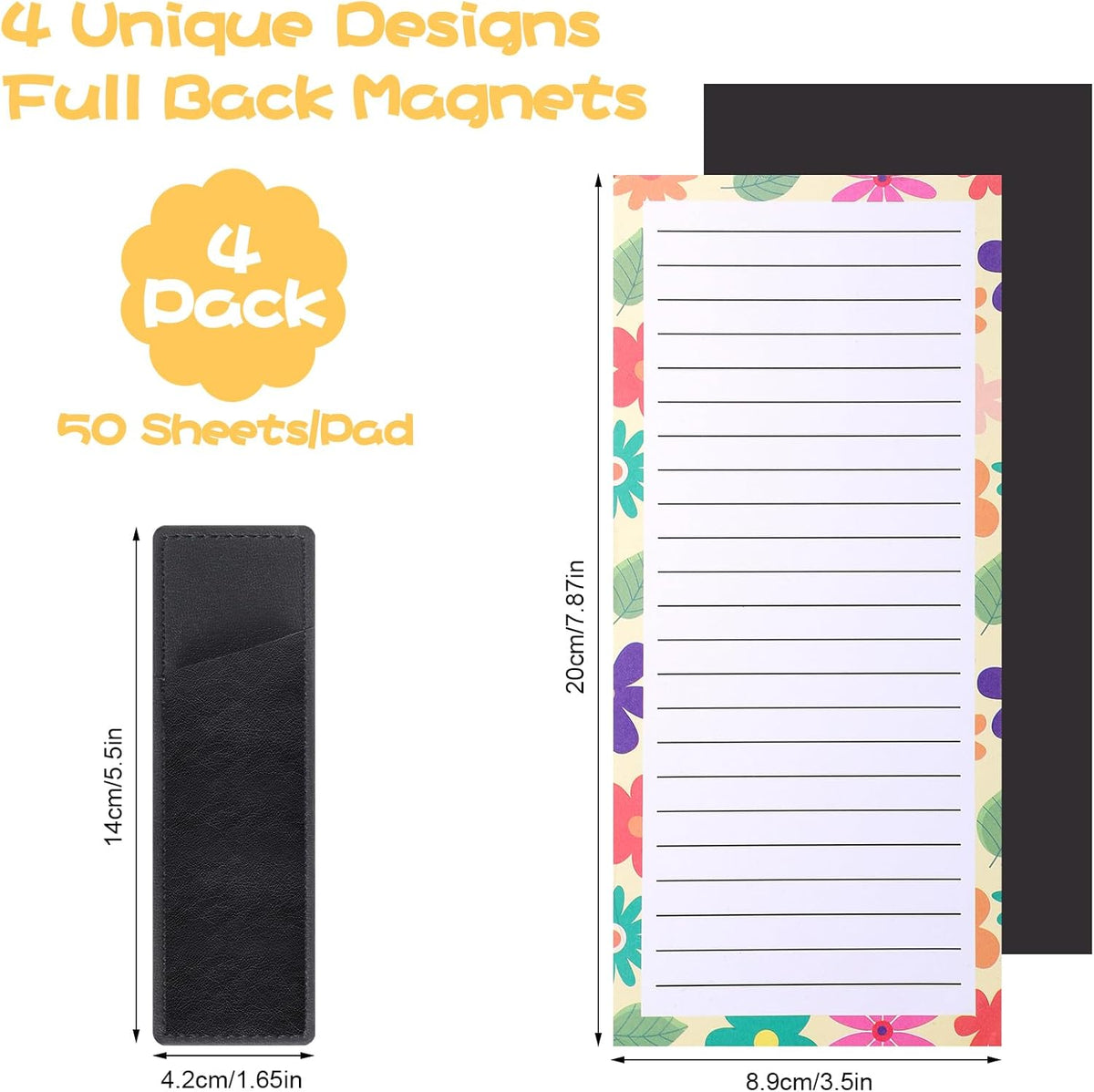 4 Pack Magnetic Note Pad for Fridge with Pen Holder, Totally 200 Sheets Grocery List Magnet Pad for Refrigerator Magnetic Shopping List Pad（Floral Design）