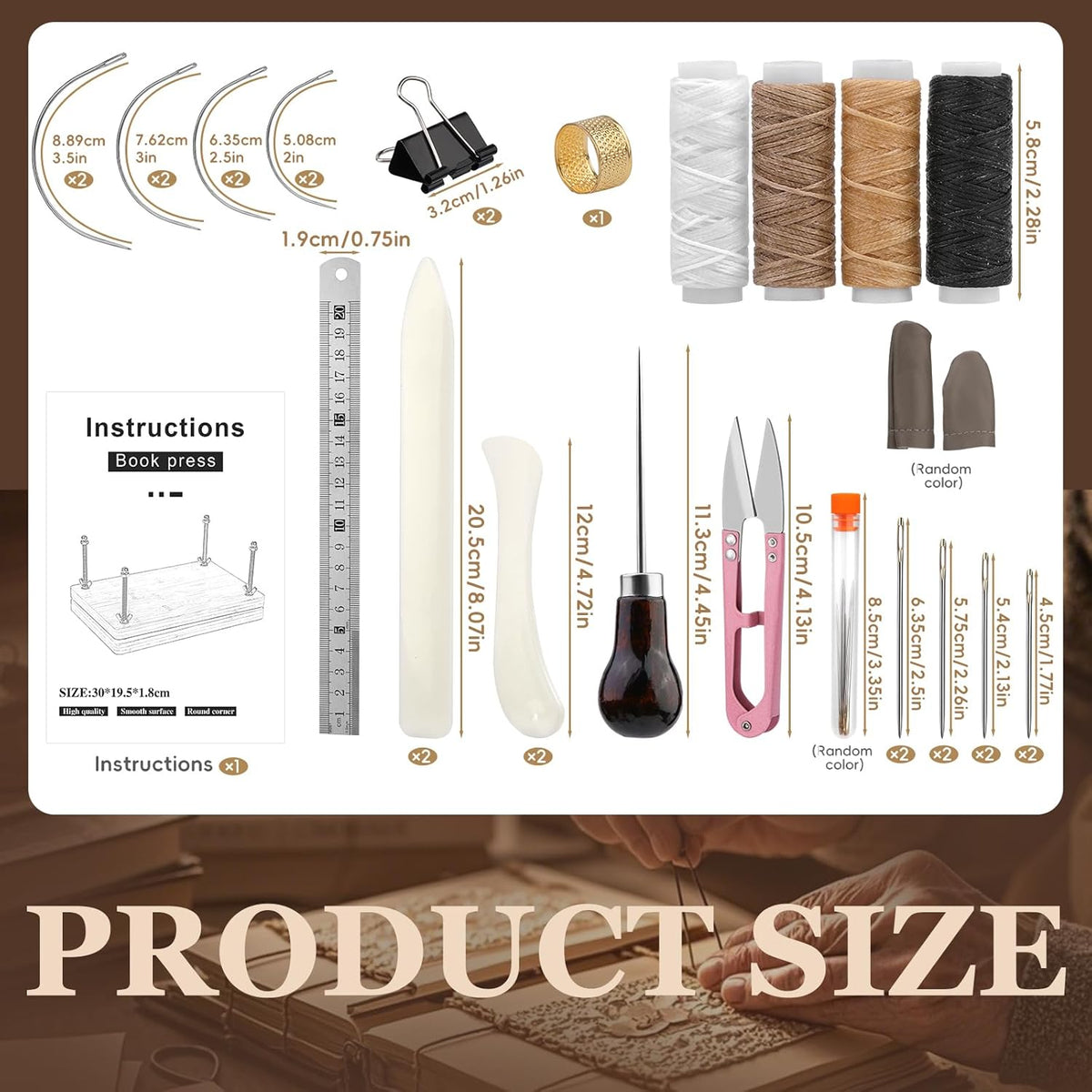 JUPEAN 34 Pcs Book Binding Kits, Book Press(11.81”x7.56”), Books Making Kit with Bone Folder Bookbinding Needles Waxed Threads Books Binding Awl, Bookbinding Tools for Beginners