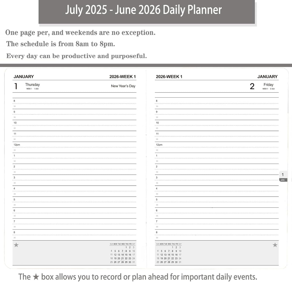 Daily Planner 2025-2026, One Page Per Day, Academic Planner (July 2025 - June 2026), Appointment Book with Time Slots and Monthly Tabs, 5.7" x 8.25", Pocket, Leather Cove (Purple)