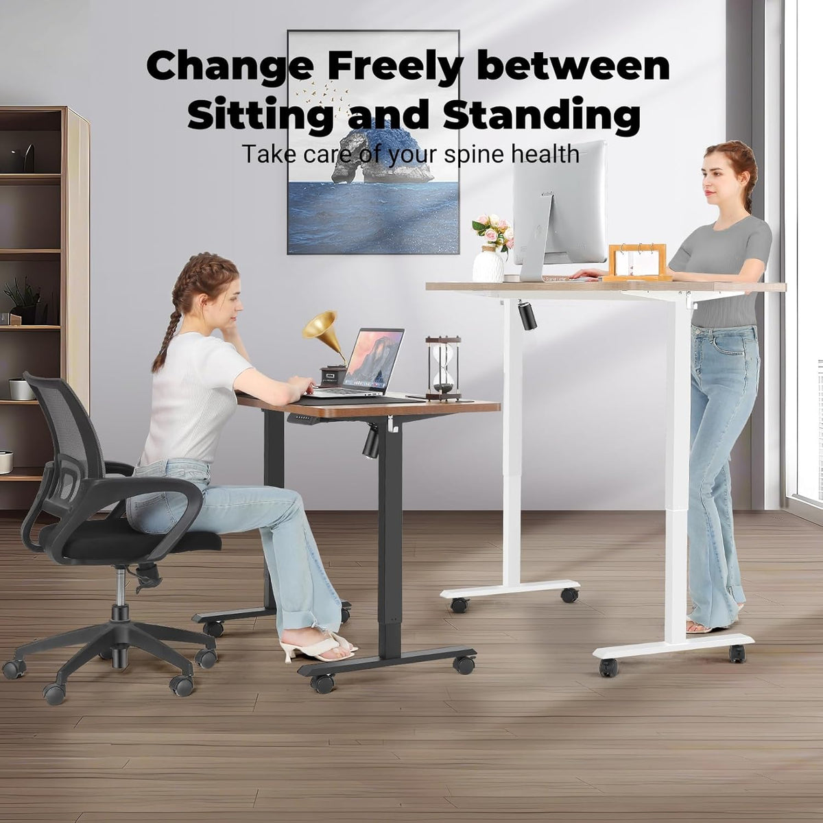 Electric Standing Desk 63 x 24 Inches Adjustable Height Ergonomic Sit Stand Up Desk Curved for Home Office Computer Workstation with 2 USB Ports 3 Power Outlets Memory Preset Wheels, White