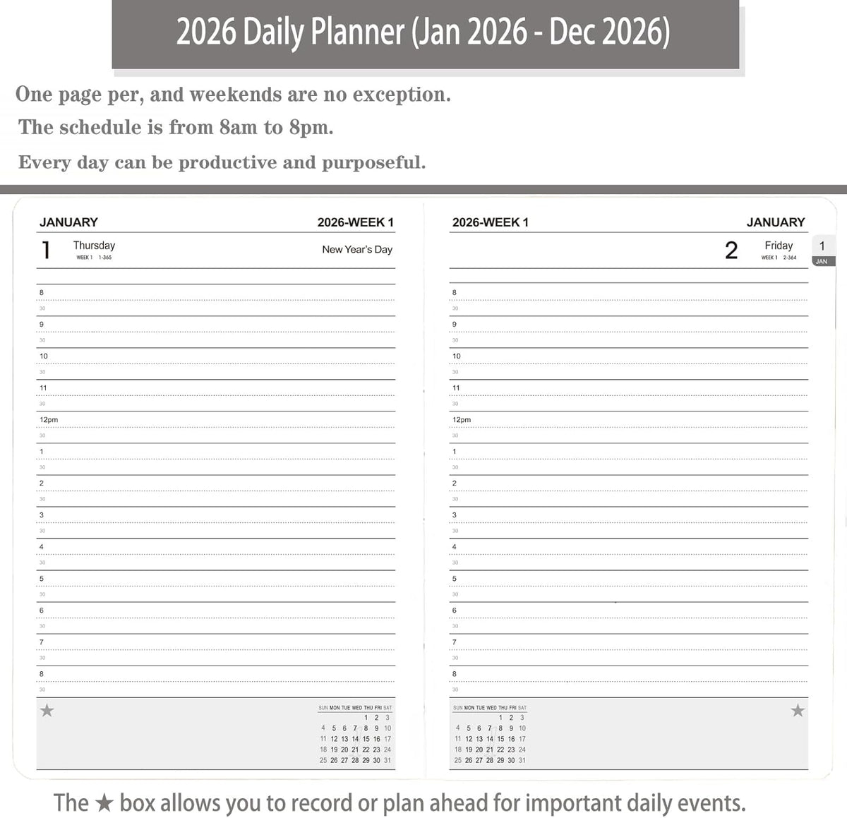 2026 Daily Planner/Calendar, One Page Per Day, Daily Monthly Agenda Planner with Time Slots and Monthly Tabs, Jan - Dec 2026, 5.7" x 8.25" Appointment Book, Pen Holder, Leather Cover (2026-Green)