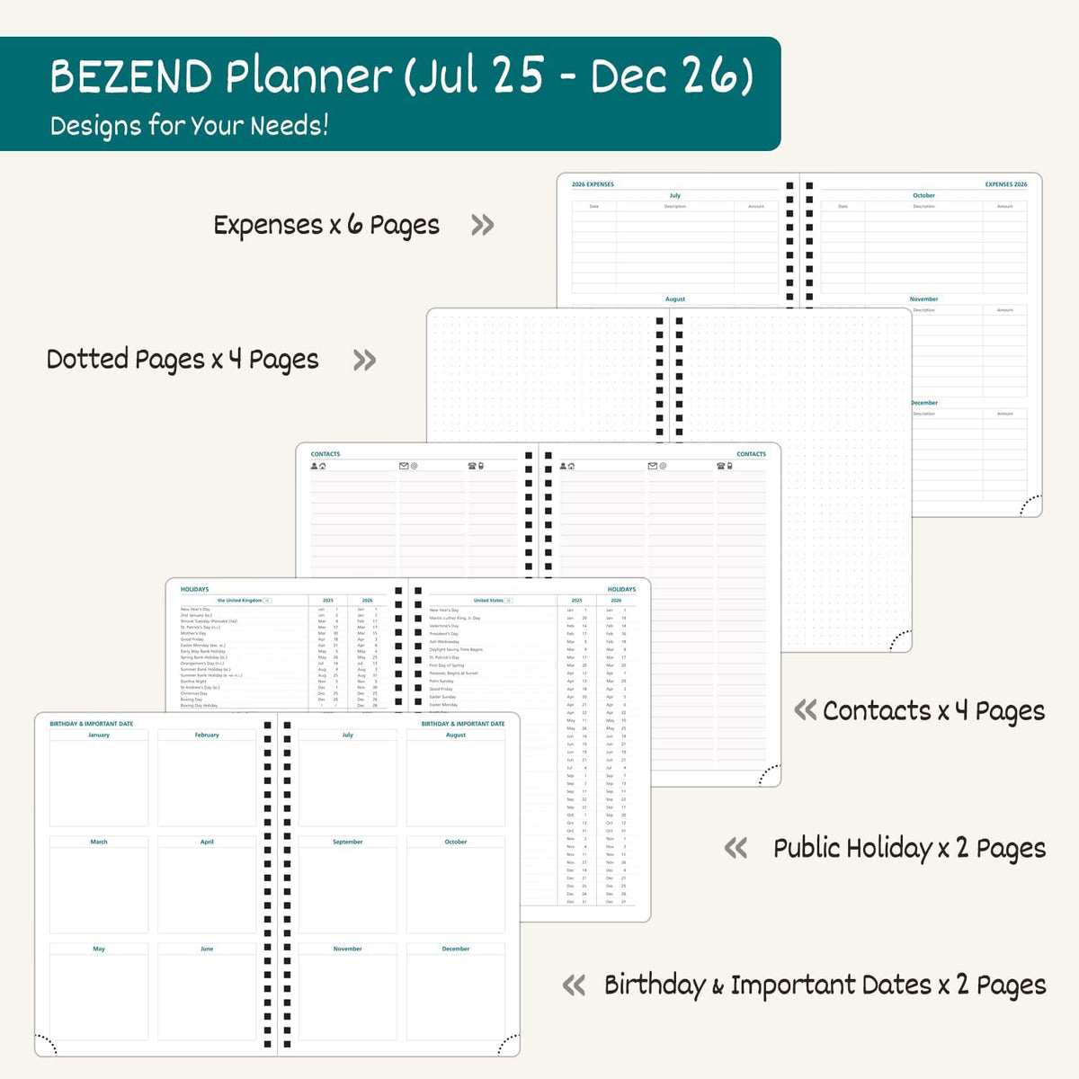 BEZEND Weekly Planner 2025-2026 with 2 Columns, 8.5" x 11" Academic Calendar 18 Months (Jul 25-Dec 26) Life Work Appointment Book with Monthly Tab, PU Leather Softcover Spiral - Lilac
