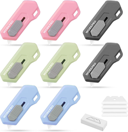 WORKPRO 8PCS Ceramic Small Safety Box Cutter, Automatic Rebound Mini Letter Opener, Quick Change Retractable Blade Razor Knife, with Extra Blades
