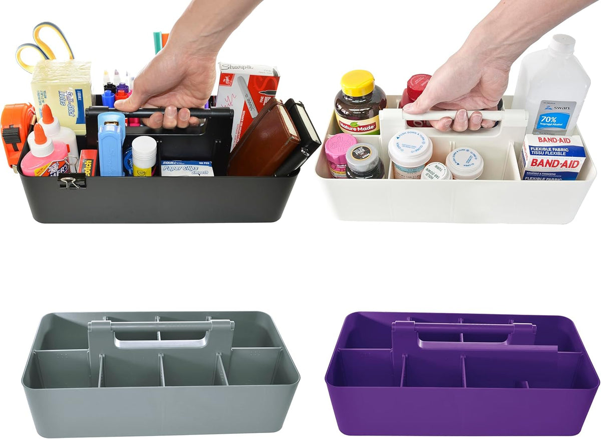 Portable Caddy Organizer - Stackable Plastic Caddy with Handle | Desk, Makeup, Dorm Caddy, Classroom Art Organizers (Made In Usa) (Ivory/Gray/Royal Purple/Black)