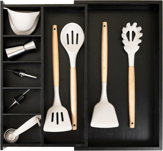 Adjustable Kitchen Drawer Organizer for Utensils and Junk, Food-Safe Contract Grade with 100% Sustainable Wood, Expandable from 10.5 to 19 Inches Wide - Black Bamboo