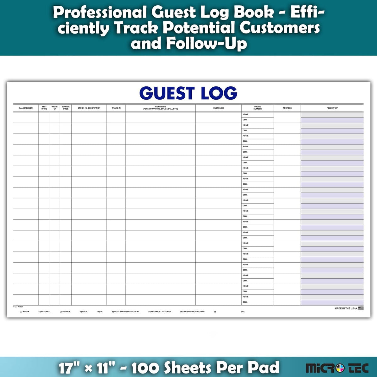 Professional Guest Log Book - Efficiently Track Potential Customers and Follow-Up - Ideal for Automotive Dealerships, Repair Shops, and Service Centers - 17" × 11" - 100 Sheets Per Pad - Pack of 1