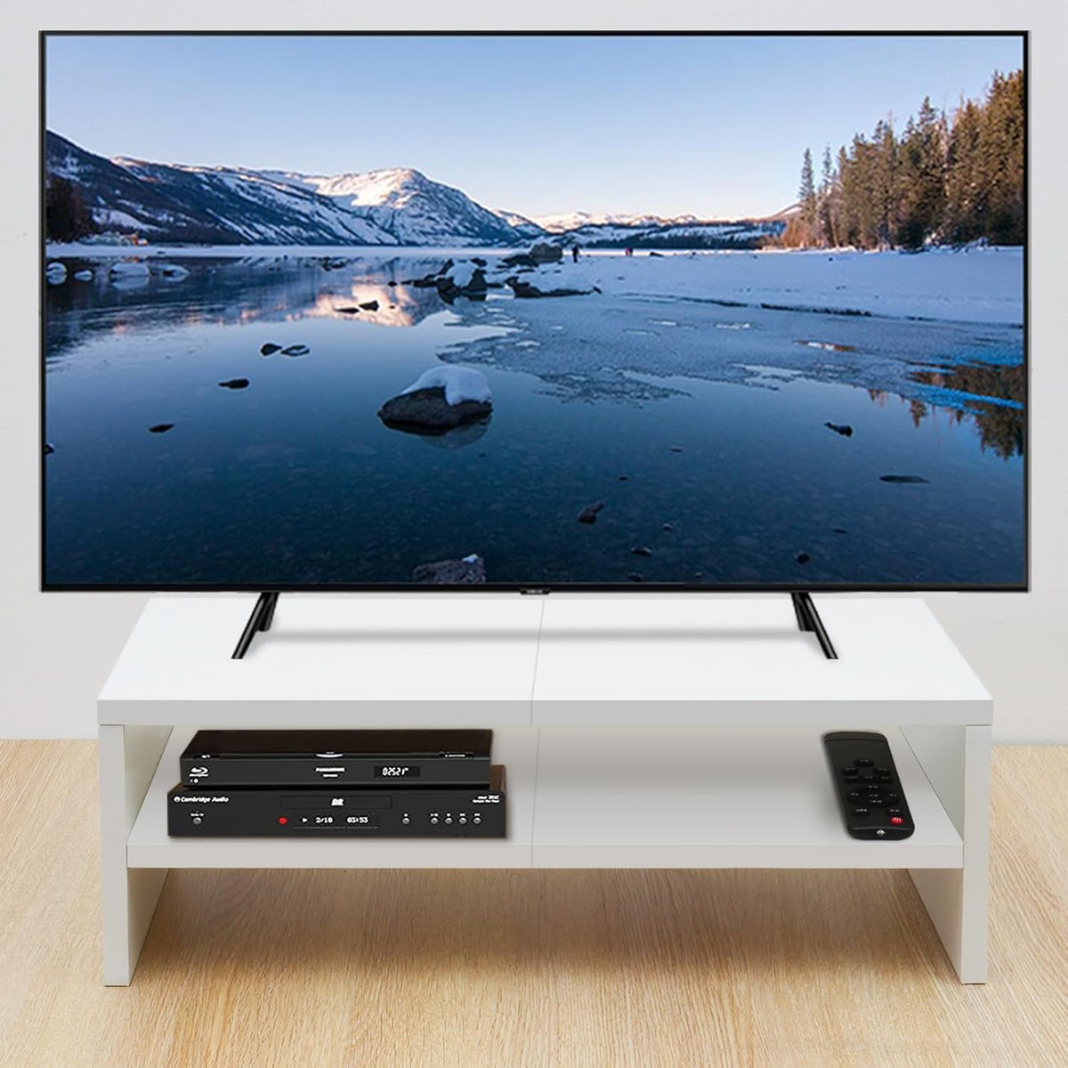 TEAMIX 2 Tier White Monitor Riser Stand, Wood Desktop Stand with storage for Laptop/PC/Printer/Keyboard, TV Stand Shelf Home Office Desk Accessories